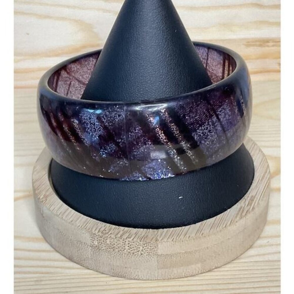 Acrylic Purple & Black Resin Bangle Bracelet Round Plaid Design